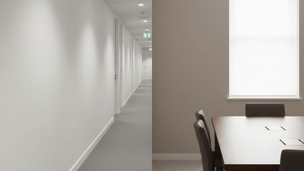 A hallway with white walls and doors on the left, adjacent to a meeting room featuring a wooden table, chairs, and a window with a white shade—an inviting space to prepare your home for interior decorating.