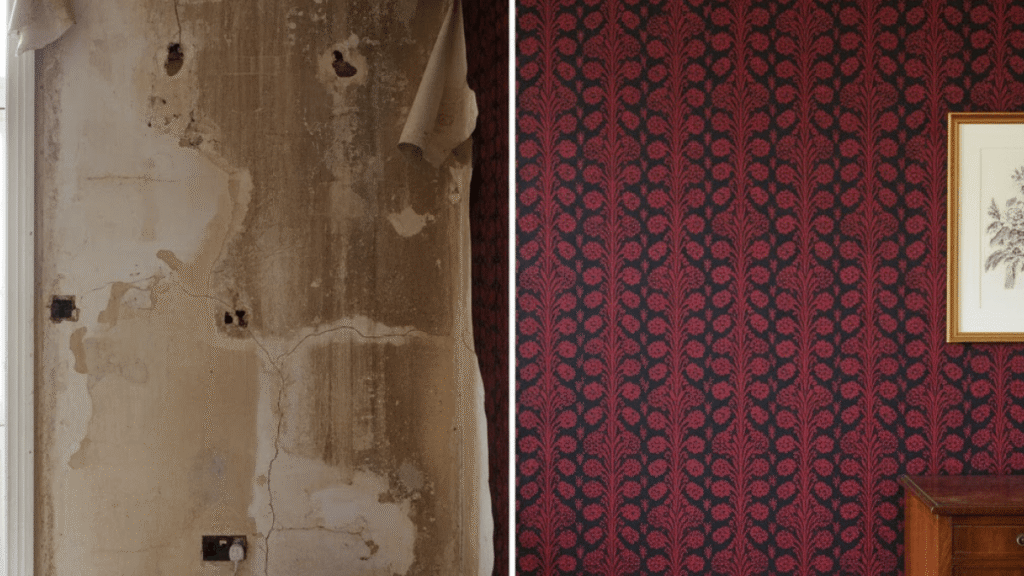 Split image showing a damaged, bare wall on the left and a wallpapered, decorated wall with a framed picture, furniture, and expert Sash Window Restoration on the right.