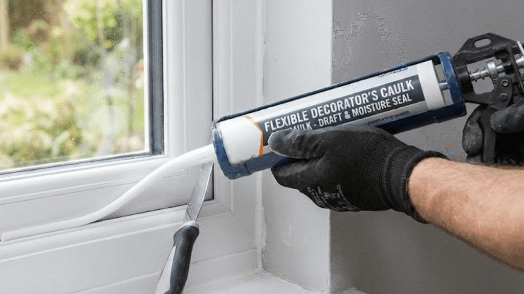 A person applies white flexible decorator’s caulk along the edge of a window frame using a mastic gun and wears black gloves, preparing the surface before using the best exterior paint for Surrey climate.