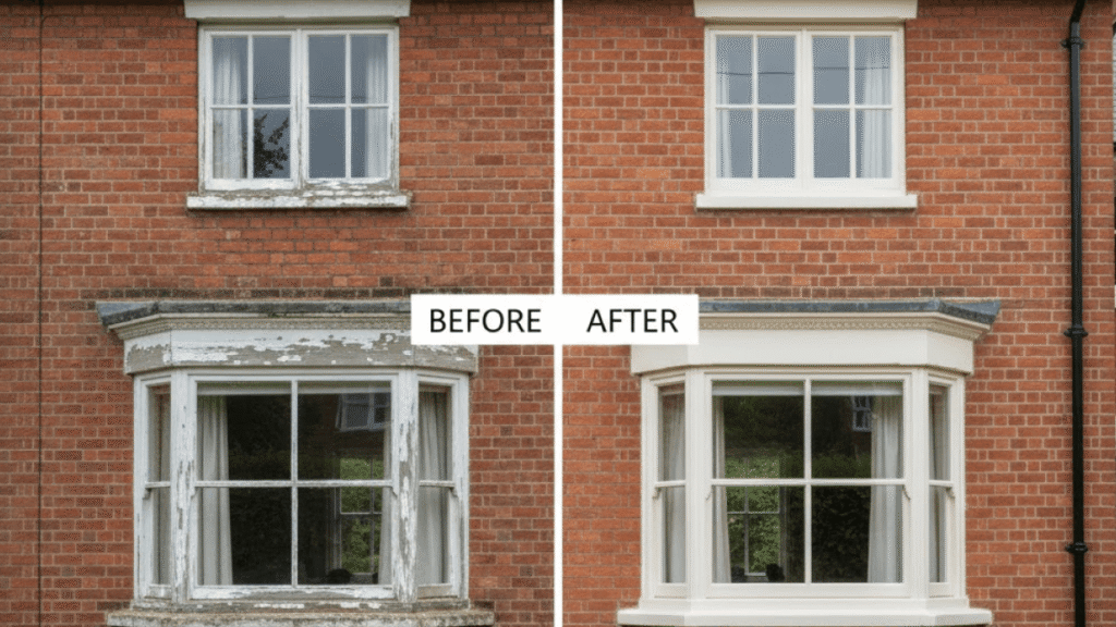 Side-by-side view of windows on a brick house, with the left showing old, peeling frames and the right transformed by expert painting wooden windows Surrey services for a beautifully restored finish.
