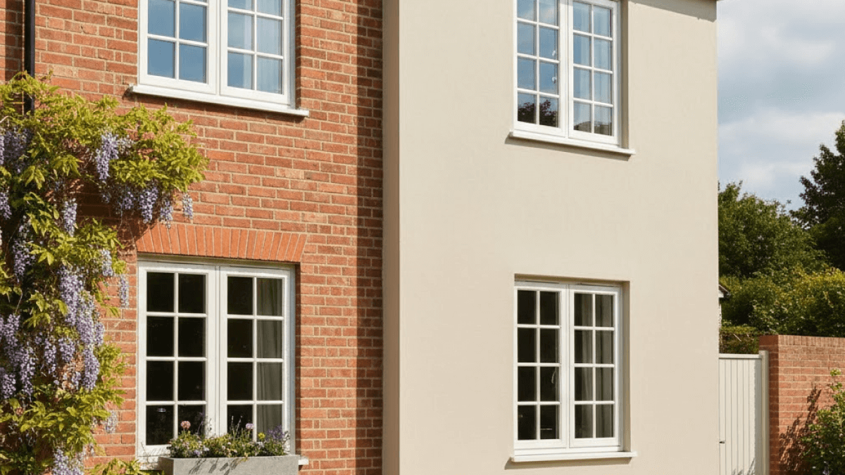 Two-storey house with red brick and cream-coloured walls, white-framed windows, and purple flowers climbing on the left side—features enhanced by using the best exterior paint for Surrey climate.