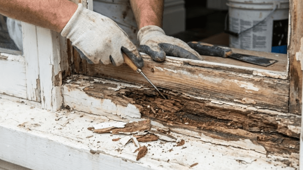 A person wearing gloves uses a tool to remove decayed timber from the frame of an old window, preparing it for painting wooden windows Surrey, with debris scattered on the sill.