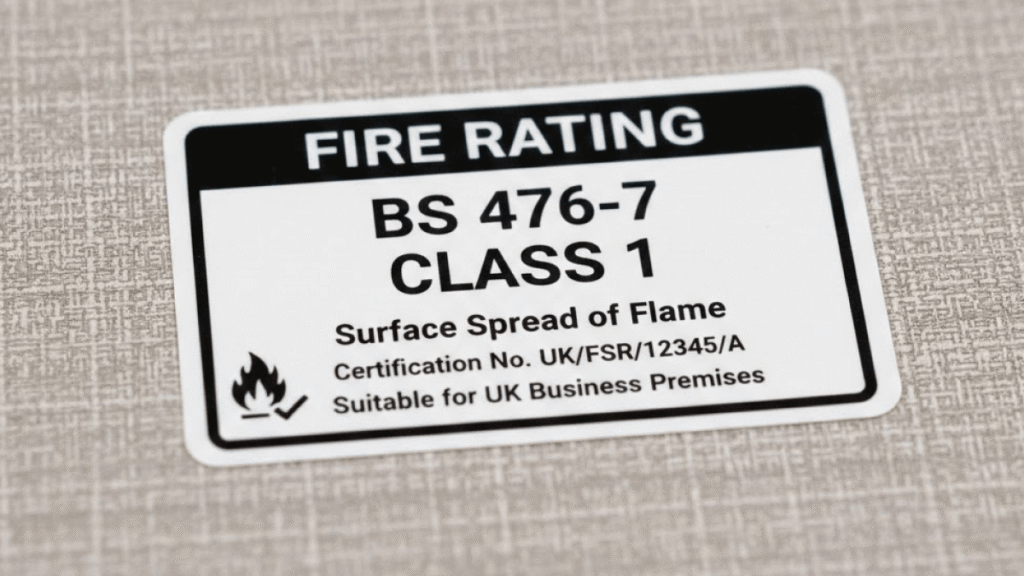 A fire rating label stating "BS 476-7 Class 1" for surface spread of flame, with certification details, ideal for UK business premises—perfect for projects like painting wooden windows Surrey—applied on a textured surface.