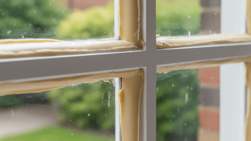 Close-up of a window with fresh, uneven putty applied along the edges of the glass panes and wooden frame, perfect for those interested in painting wooden windows in Surrey. A blurred outdoor background enhances the detail.