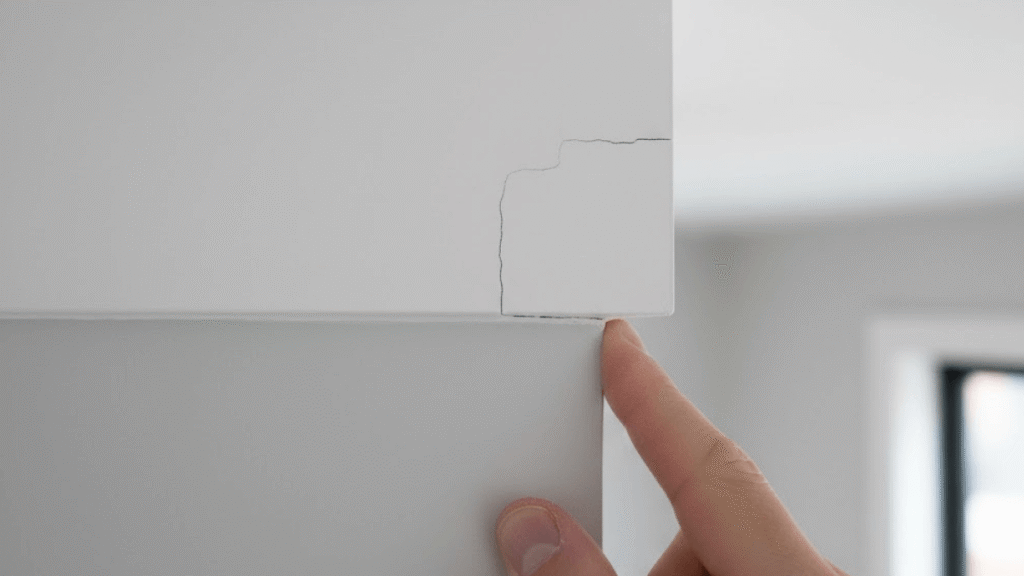 A hand points to a small crack in the corner of a white interior wall near the ceiling, highlighting the importance of maintenance before applying the best exterior paint for Surrey climate.