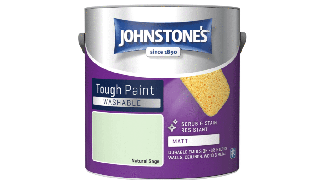 A tin of Johnstone's Tough Paint Washable in Natural Sage colour, labelled as matt finish, offers an energy rating boost and is suitable for walls, ceilings, wood, and metal.