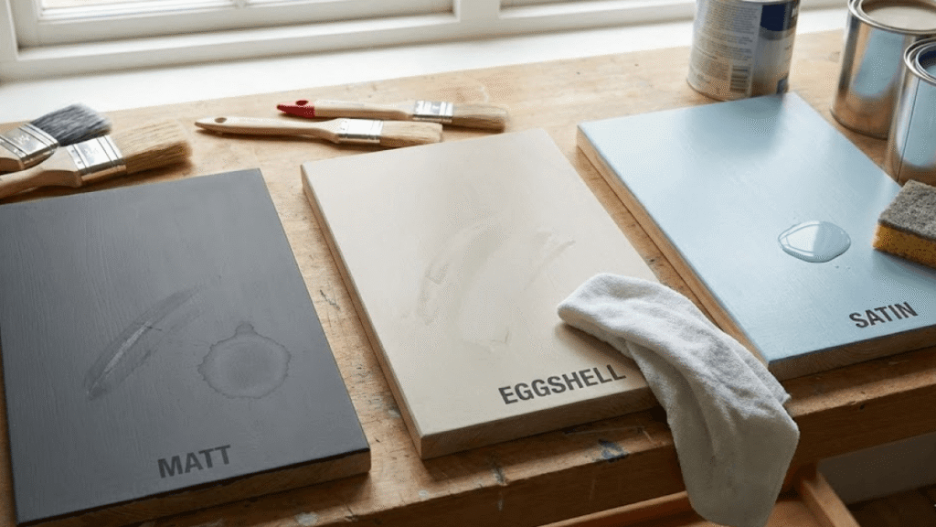 Three painted boards labelled MATT, EGGSHELL, and SATIN show water droplets and cloth marks, illustrating different paint finishes on a wooden workbench with painting tools—ideal for projects aiming for an energy rating boost.
