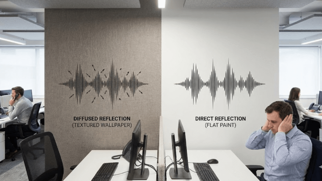 Office with two wall finishes: left side shows "diffused reflection (textured wallpaper)," right shows "direct reflection (flat paint)," with a man covering his ears on the right—painting wooden windows Surrey style completes the modern look.