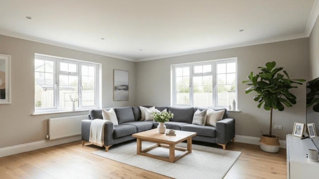 A modern living room with a grey corner sofa, wooden coffee table, indoor plant, wall art, and large windows letting in natural light—perfect for enjoying the views after choosing the best exterior paint for Surrey climate.