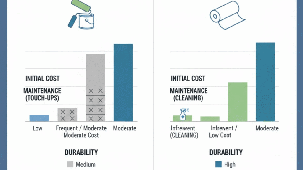 Side-by-side bar charts compare paint and wallpaper by initial cost, maintenance, and durability—ideal for those considering painting wooden windows Surrey—showing paint has lower cost but medium durability, while wallpaper has higher cost yet high durability.