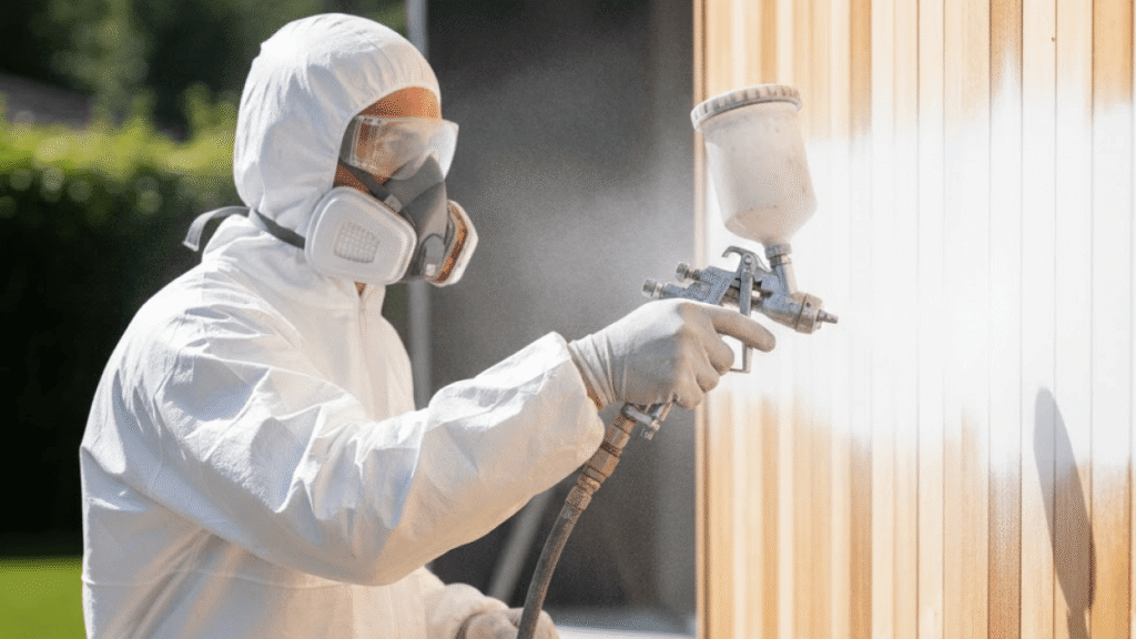 Person in protective gear uses a spray gun to apply the best exterior paint for Surrey climate to a wooden surface outdoors.