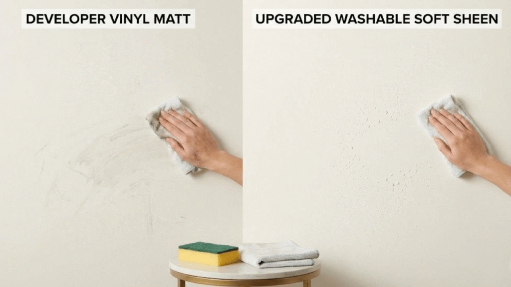 A hand wipes a mark on two walls: the left, labelled "Developer Vinyl Matt," shows smudges, while the right, marked "Upgraded Washable Soft Sheen," is spotless—ideal for those seeking the best exterior paint for Surrey climate.