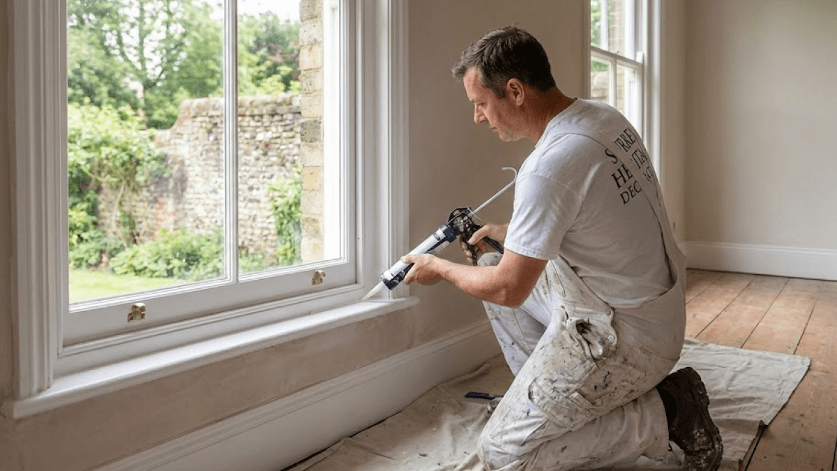A man in work clothes kneels on a dustsheet and applies sealant to a window frame inside a room with wooden floors—ideal preparation before installing wallpaper or paint for office Surrey projects.