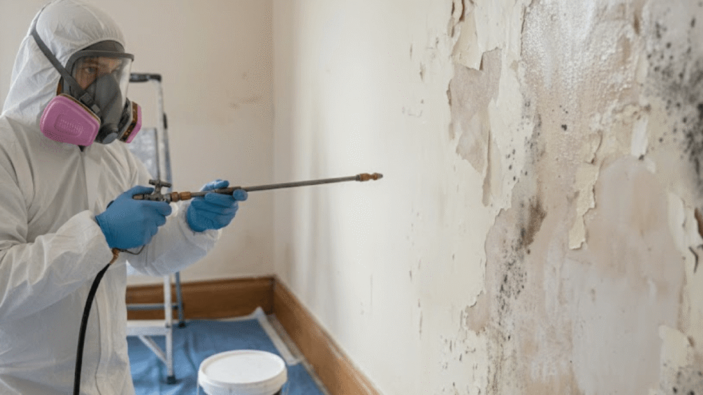 A person in protective gear uses a spray tool to treat mold growth on a damaged interior wall during a Commercial Office Refurbishment in Surrey.