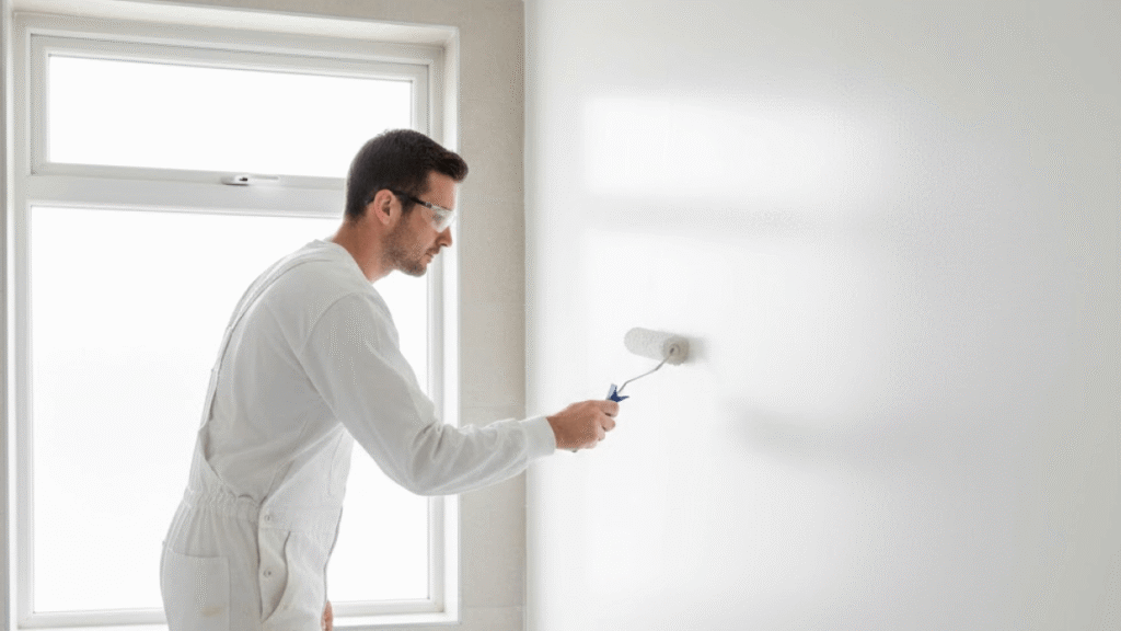 A man wearing white overalls and safety glasses uses a paint roller to paint a white wall in a room with a window during a Commercial Office Refurbishment in Surrey.