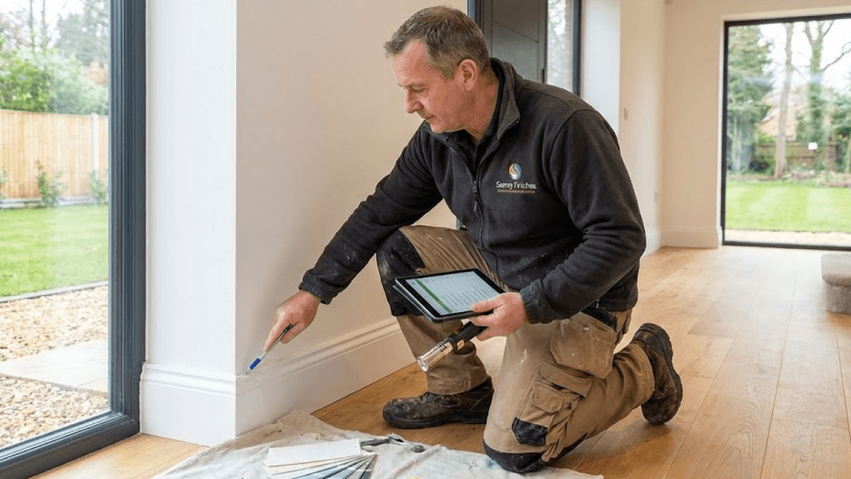 A man kneels on a mat indoors, holding a tablet and paintbrush, as he touches up the white skirting board of a room with wooden floors—carefully selecting the best exterior paint for Surrey climate for lasting results.