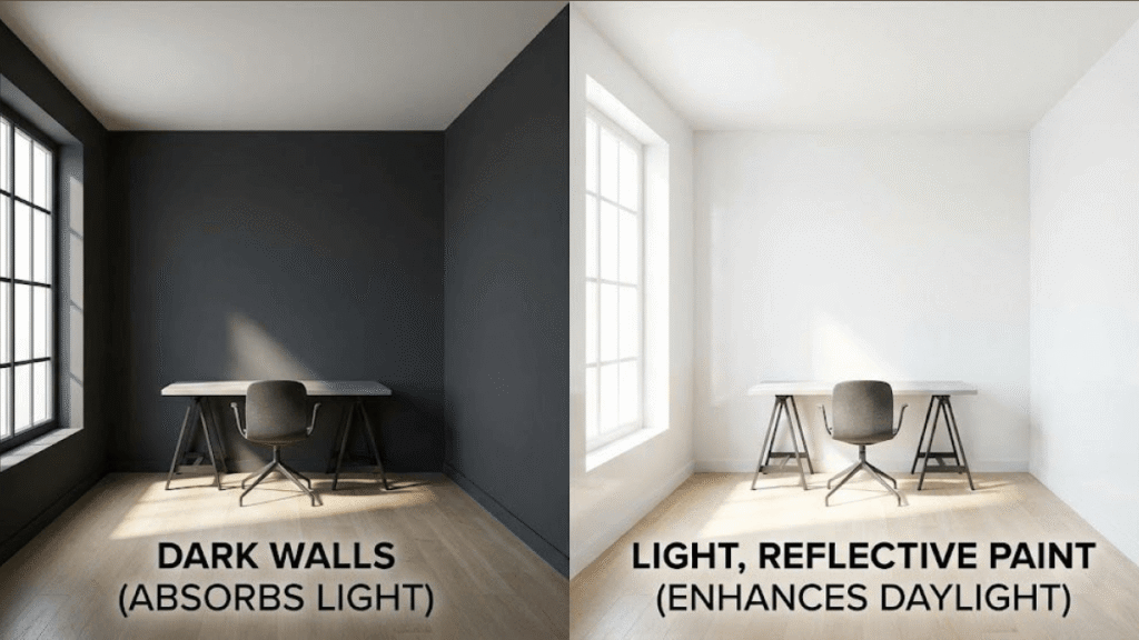 Side-by-side rooms: left has dark walls absorbing light, right features light, reflective wallpaper or paint for office Surrey, enhancing daylight. Both have a desk, chair, and large window.