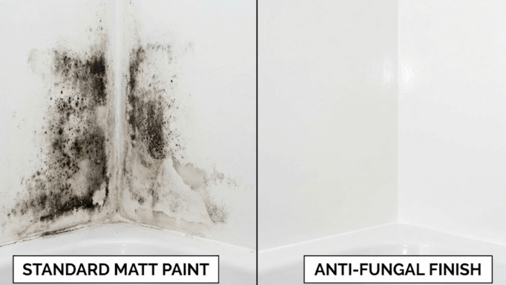 Side-by-side comparison of a mouldy bathroom wall with standard matt paint and a spotless wall finished with anti-fungal coating, helping to maintain hygiene and potentially contribute to an energy rating boost.