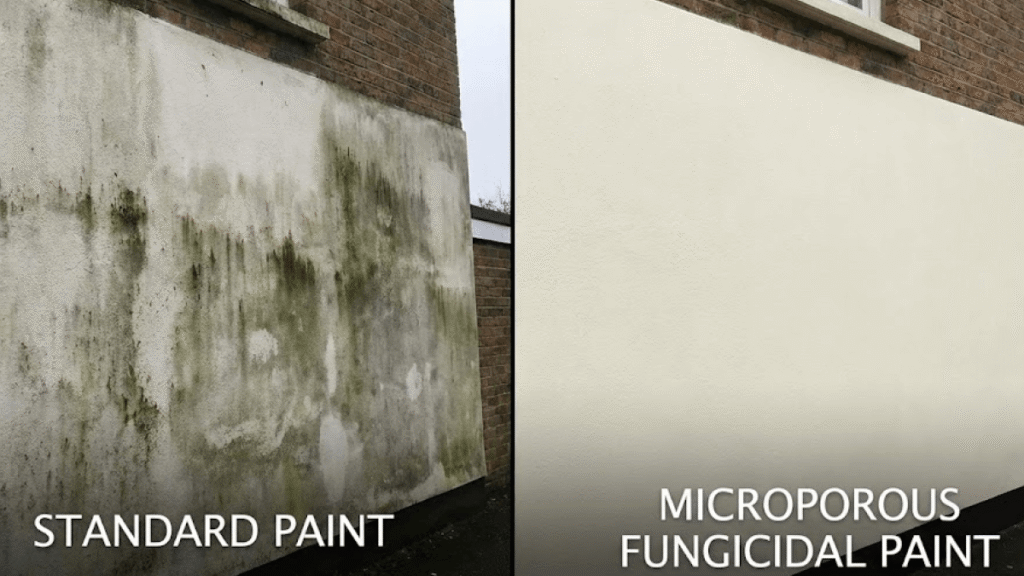 Side-by-side comparison of a wall with mould and stains labelled "Standard Paint" and a clean wall labelled "Microporous Fungicidal Paint," showcasing the best exterior paint for Surrey climate.