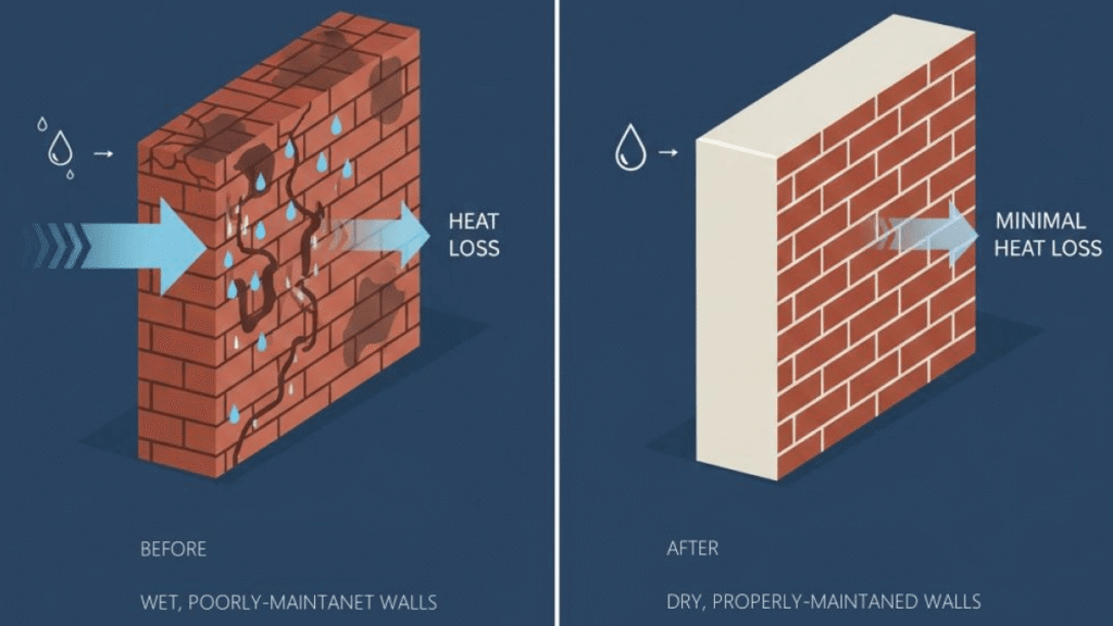 Two diagrams compare a wet, damaged brick wall with high heat loss to a dry, well-maintained brick wall with minimal heat loss—an important consideration before choosing wallpaper or paint for office Surrey projects.