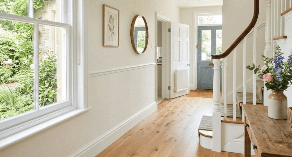 A bright hallway with wooden flooring, white walls inspired by Neutral Paint Trends, a staircase, a blue front door, a round mirror, framed art, and a window overlooking a garden.
