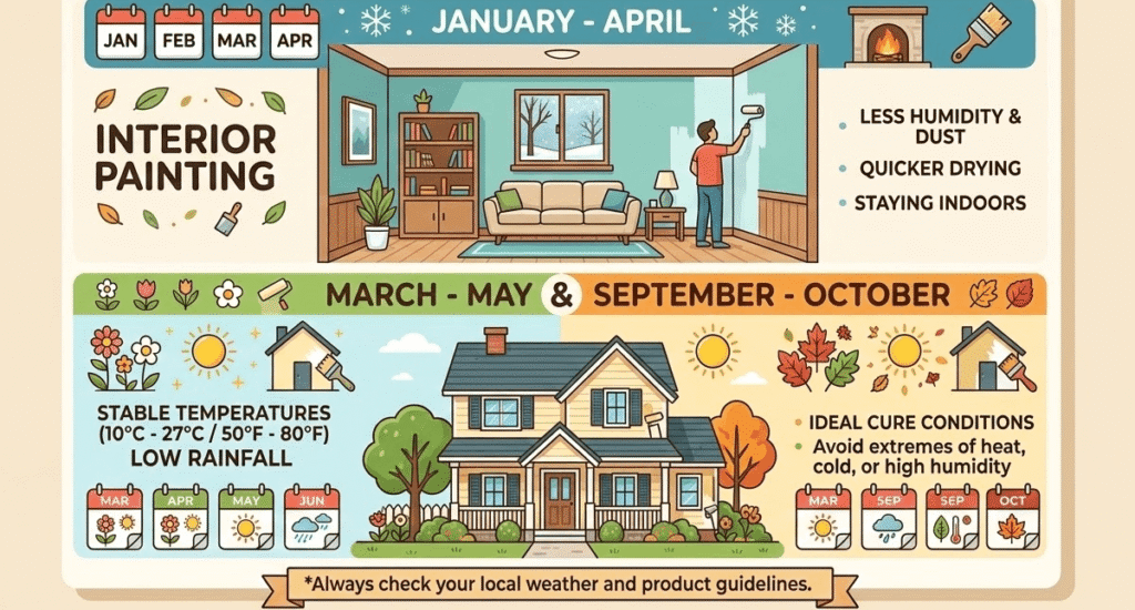 Infographic showing best months for interior and exterior painting, highlighting humidity, temperature, curing conditions, and how Neutral Paint Trends align from January to October.