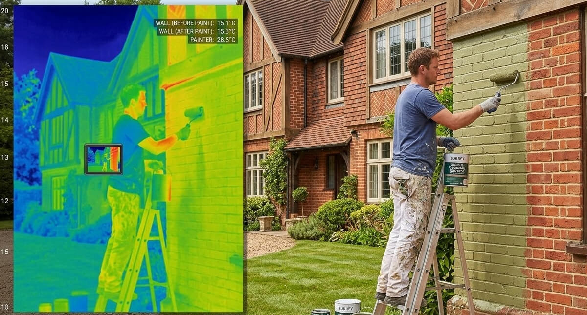 A man on a ladder applies thermal paint to a brick wall in Surrey; an inset displays a thermal image comparing wall and painter temperatures before and after painting, highlighting possible savings on heating bills.