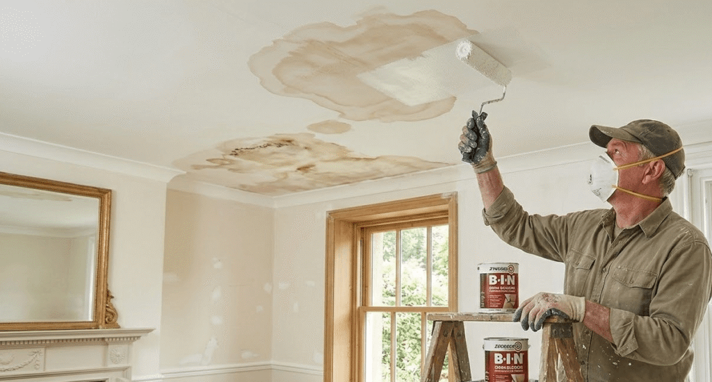 A man wearing a mask uses a paint roller to cover water stains on a ceiling, standing on a ladder with paint tins nearby—reminding you when to redecorate your home in Surrey after damage.