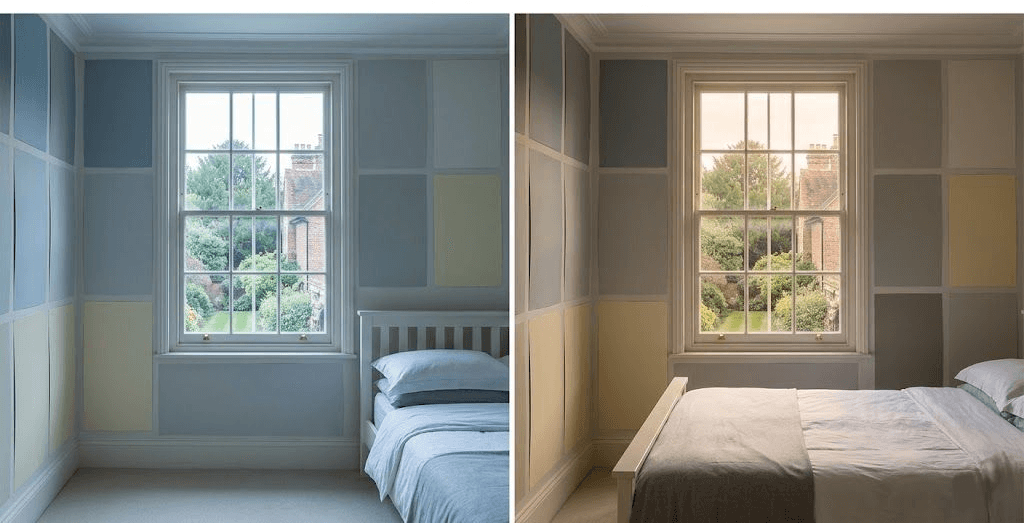 Side-by-side comparison of a bedroom in cool daylight and warm indoor lighting, both highlighting a window, bed, and patterned walls—an inspiring look for choosing paint finishes for bathrooms & kitchens.