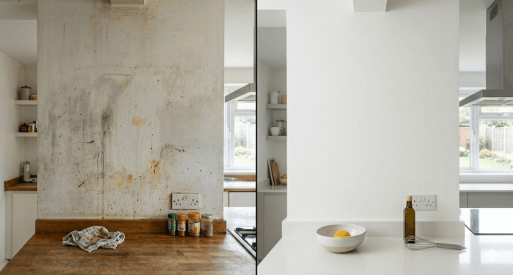 Split image showing a kitchen wall before and after cleaning; left side is stained and cluttered, whilst the right side is clean with minimal items, highlighting modern Neutral Paint Trends.