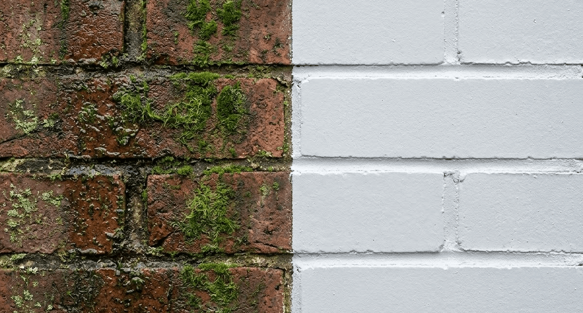 A brick wall split vertically; the left side is covered with moss and grime, whilst the right side features a clean, freshly painted white finish inspired by Neutral Paint Trends.