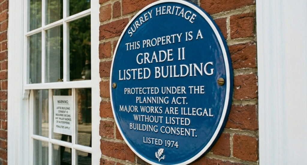 A blue plaque on a brick wall notes the building is a Grade II listed property under Surrey Heritage, protected by law, and requires consent for major works such as applying thermal paint to help reduce heating bills.
