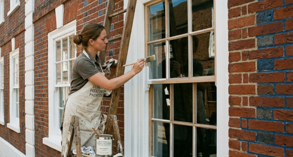 A woman standing on a ladder paints the exterior window frame of a brick building with thermal paint, helping Surrey residents reduce their heating bills.