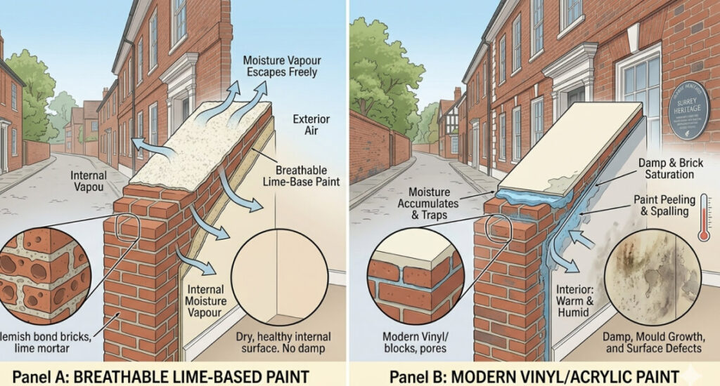 Diagram comparing breathable lime-based paint, which allows moisture to escape from brick walls and reduces damp, with modern vinyl/acrylic paint, which traps moisture—potentially raising Surrey heating bills. Thermal paint options also illustrated.